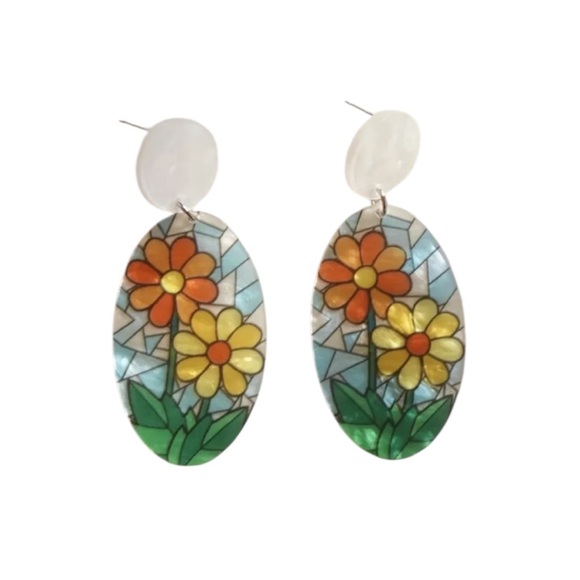 Fashion Jewelry Jewelry - Oval Mosaic Flower Dangle Earrings